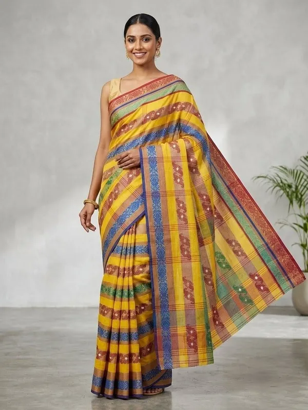 Sindhuja_Fashion_House_Checkered,_Woven,_Embellished,_Striped_Tant_Pure_Cotton_Saree_(Multicolor)