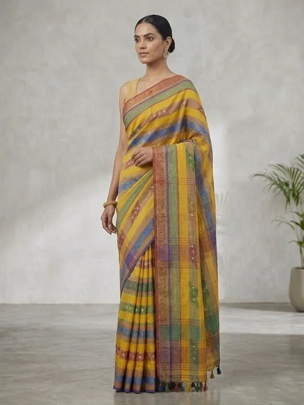 Sindhuja_Fashion_House_Checkered,_Woven,_Embellished,_Striped_Tant_Pure_Cotton_Saree_(Multicolor)
