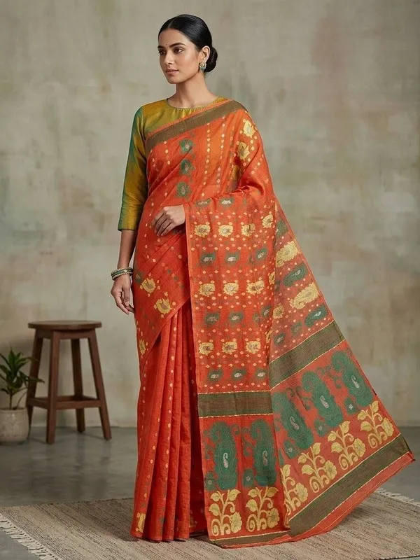 Sindhuja_Fashion_House_Woven_Jamdani_Cotton_Silk_Saree_(Orange)