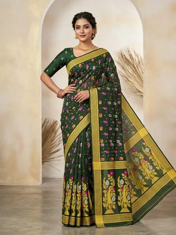 Sindhuja_Fashion_House_Self_Design_Jamdani_Pure_Cotton_Saree_(Dark_Green)