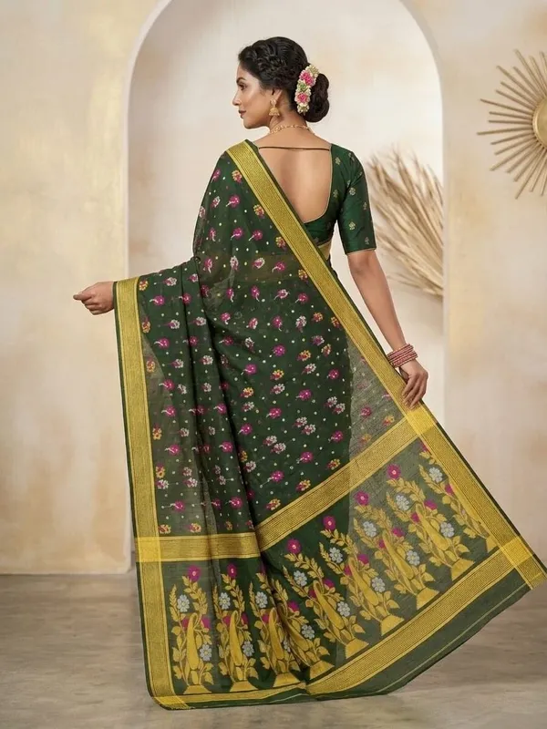Sindhuja_Fashion_House_Self_Design_Jamdani_Pure_Cotton_Saree_(Dark_Green)