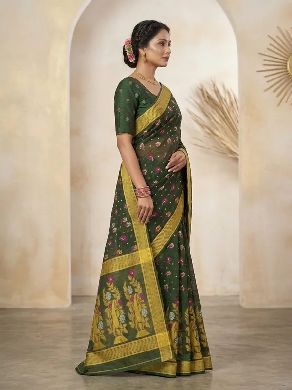 Sindhuja_Fashion_House_Self_Design_Jamdani_Pure_Cotton_Saree_(Dark_Green)