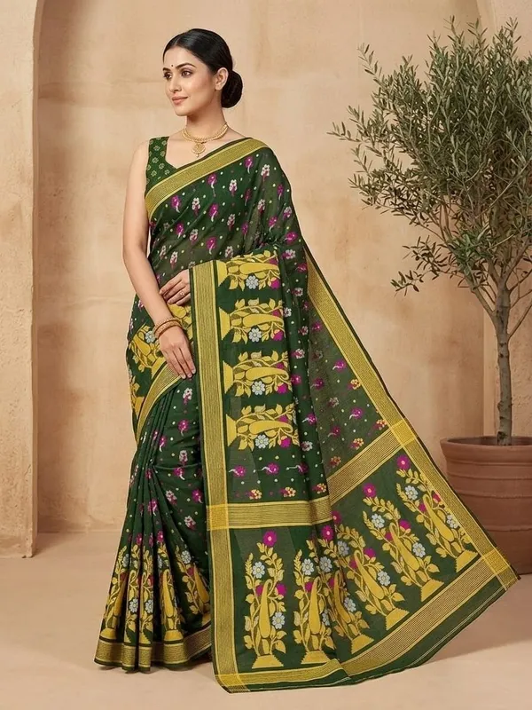 Sindhuja_Fashion_House_Self_Design_Jamdani_Pure_Cotton_Saree_(Dark_Green)