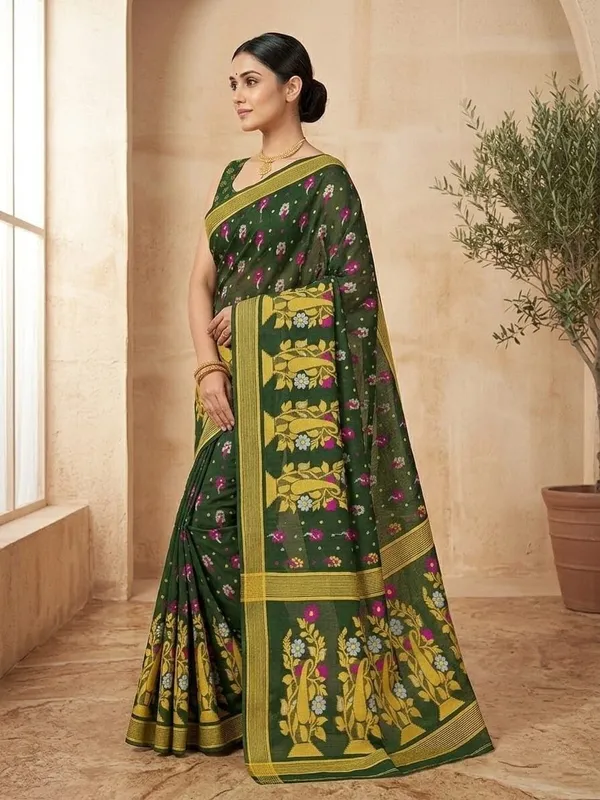 Sindhuja_Fashion_House_Self_Design_Jamdani_Pure_Cotton_Saree_(Dark_Green)