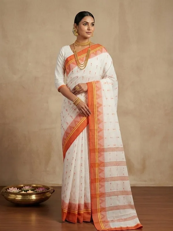 Sindhuja_Fashion_House_Temple_Border_Tant_Pure_Cotton_Saree_(Orange,_White)