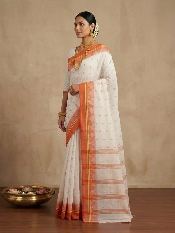 Sindhuja_Fashion_House_Temple_Border_Tant_Pure_Cotton_Saree_(Orange,_White)