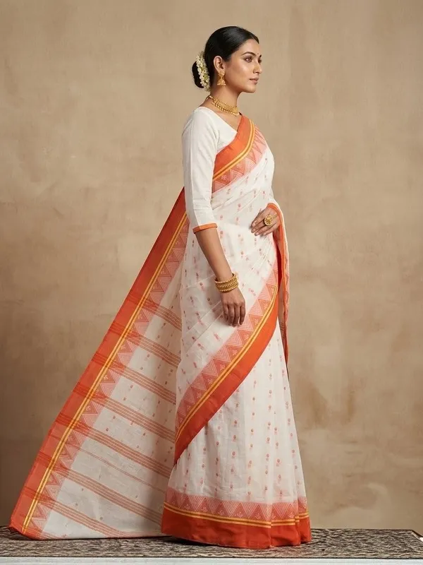 Sindhuja_Fashion_House_Temple_Border_Tant_Pure_Cotton_Saree_(Orange,_White)