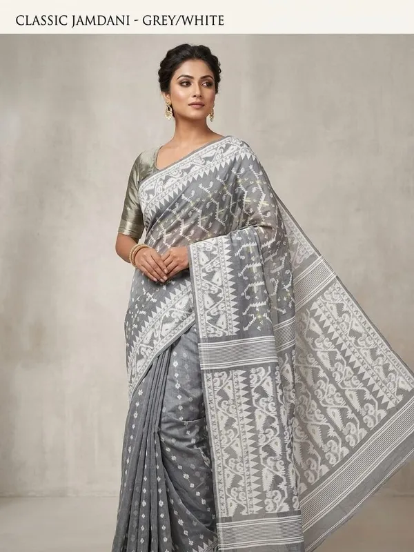Sindhuja_Fashion_House_Woven,_Geometric_Print,_Self_Design,_Striped_Jamdani_Cotton_Blend_Saree_(Grey,_White)