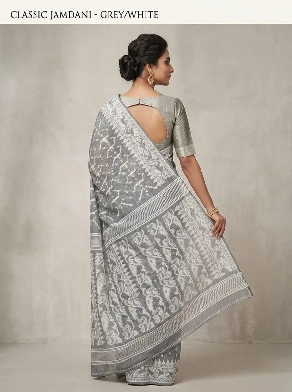 Sindhuja_Fashion_House_Woven,_Geometric_Print,_Self_Design,_Striped_Jamdani_Cotton_Blend_Saree_(Grey,_White)