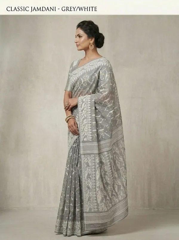 Sindhuja_Fashion_House_Woven,_Geometric_Print,_Self_Design,_Striped_Jamdani_Cotton_Blend_Saree_(Grey,_White)