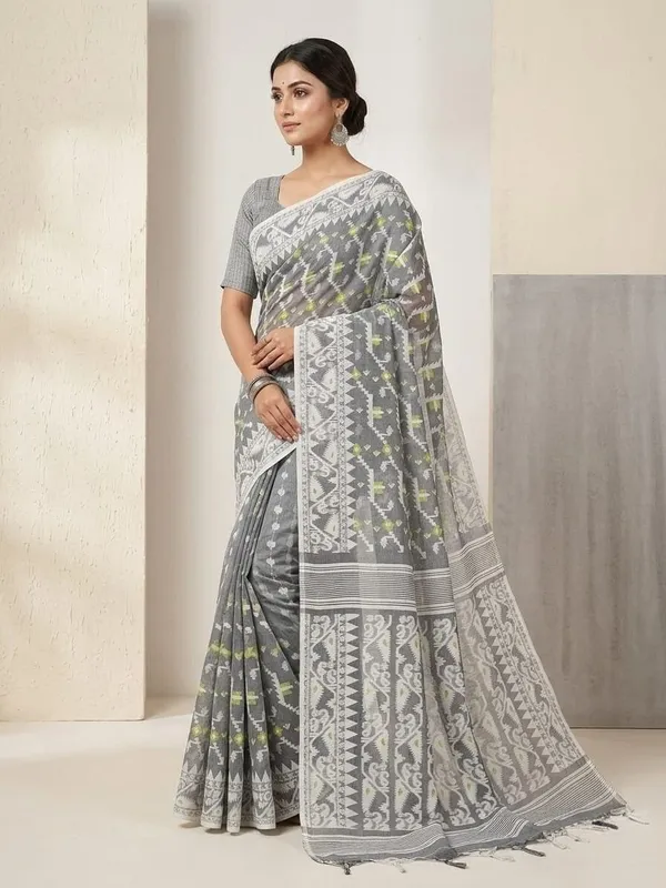 Sindhuja_Fashion_House_Woven,_Geometric_Print,_Self_Design,_Striped_Jamdani_Cotton_Blend_Saree_(Grey,_White)