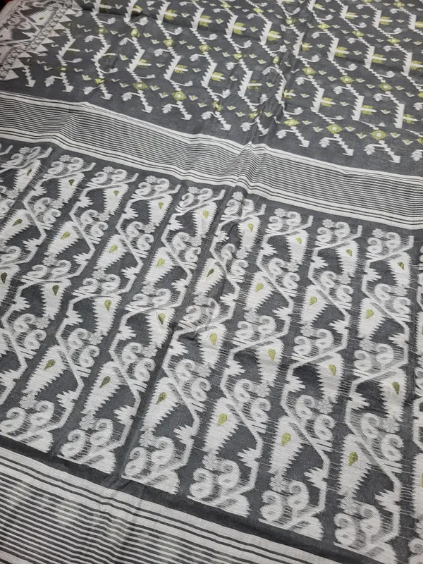 Sindhuja_Fashion_House_Woven,_Geometric_Print,_Self_Design,_Striped_Jamdani_Cotton_Blend_Saree_(Grey,_White)
