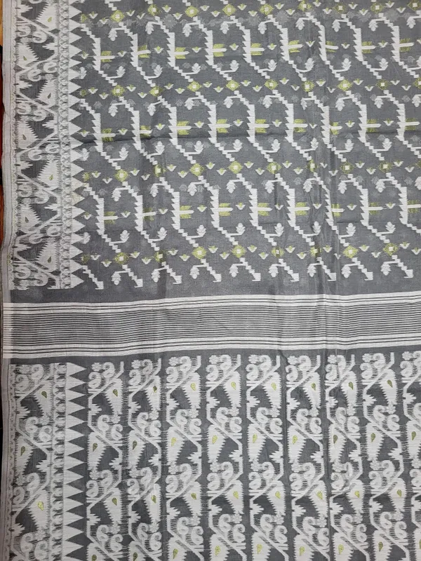 Sindhuja_Fashion_House_Woven,_Geometric_Print,_Self_Design,_Striped_Jamdani_Cotton_Blend_Saree_(Grey,_White)