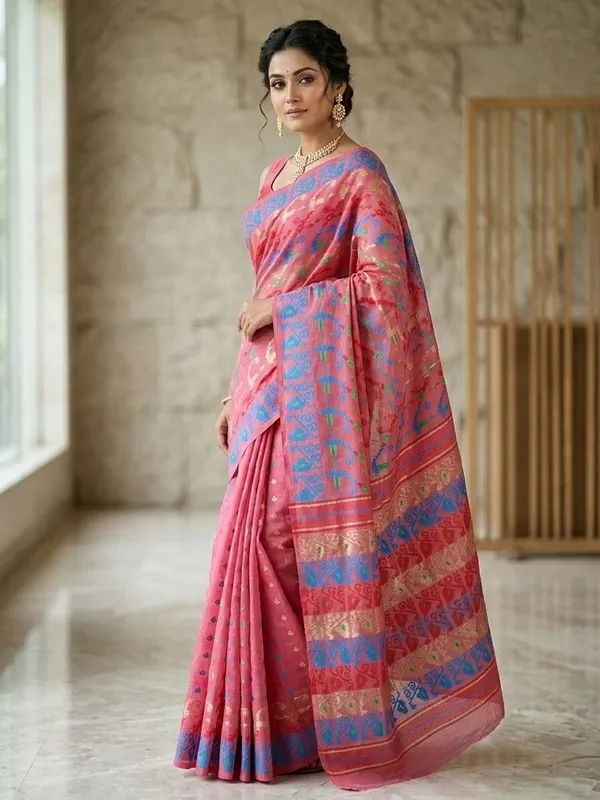 Sindhuja_Fashion_House_Woven_Jamdani_Cotton_Blend_Saree_(Pink)