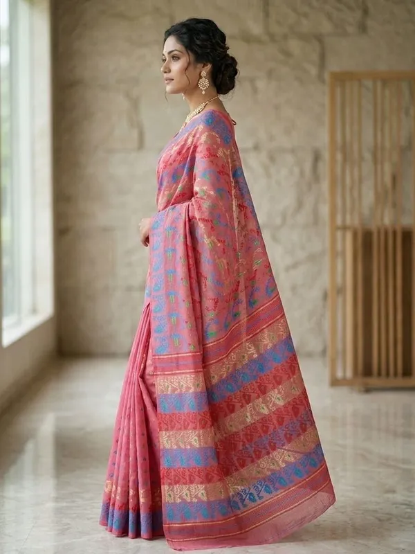 Sindhuja_Fashion_House_Woven_Jamdani_Cotton_Blend_Saree_(Pink)