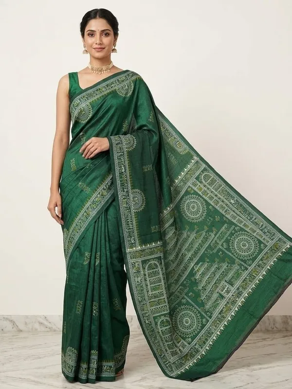 Sindhuja_Fashion_House_Embroidered,_Woven,_Geometric_Print,_Temple_Border_Madhubani_Khadi_Saree_(Dark_Green)