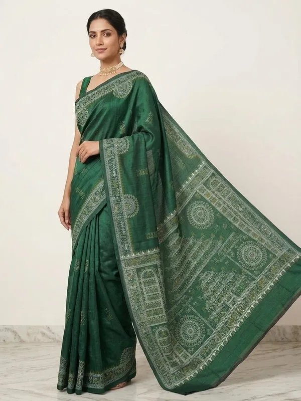 Sindhuja_Fashion_House_Embroidered,_Woven,_Geometric_Print,_Temple_Border_Madhubani_Khadi_Saree_(Dark_Green)