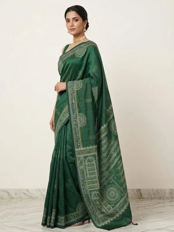 Sindhuja_Fashion_House_Embroidered,_Woven,_Geometric_Print,_Temple_Border_Madhubani_Khadi_Saree_(Dark_Green)