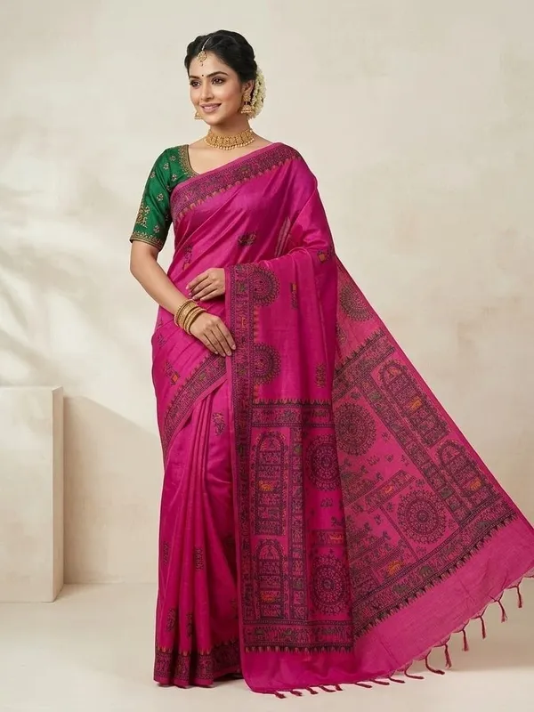 Sindhuja_Fashion_House_Embroidered,_Woven,_Geometric_Print,_Floral_Print_Madhubani_Khadi_Saree_(Pink,_Red)