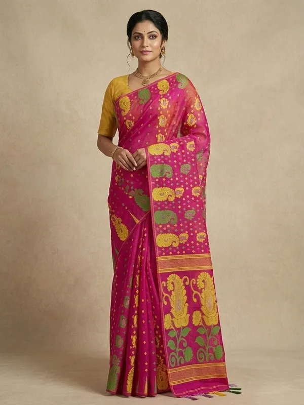 Sindhuja_Fashion_House_Woven,_Floral_Print,_Paisley_Jamdani_Cotton_Blend_Saree_(Pink,_Yellow)