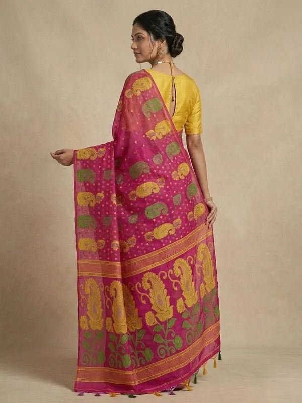 Sindhuja_Fashion_House_Woven,_Floral_Print,_Paisley_Jamdani_Cotton_Blend_Saree_(Pink,_Yellow)