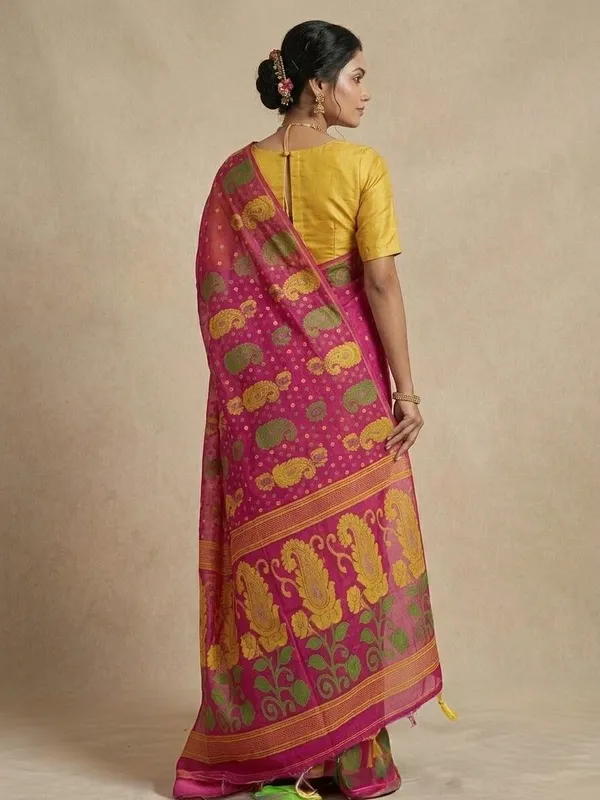Sindhuja_Fashion_House_Woven,_Floral_Print,_Paisley_Jamdani_Cotton_Blend_Saree_(Pink,_Yellow)