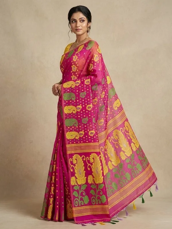 Sindhuja_Fashion_House_Woven,_Floral_Print,_Paisley_Jamdani_Cotton_Blend_Saree_(Pink,_Yellow)