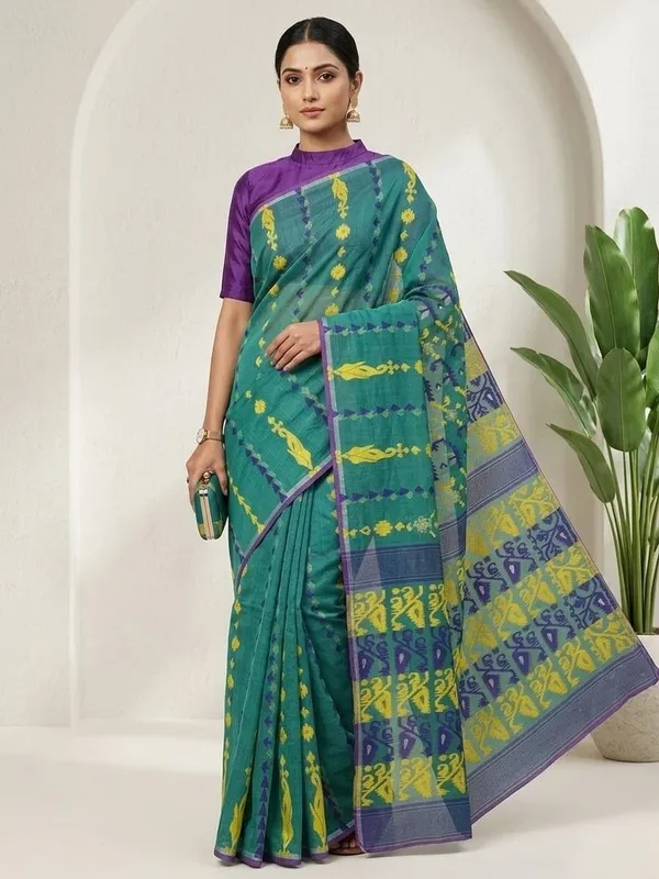 Sindhuja_Fashion_House_Woven_Jamdani_Cotton_Blend_Saree_(Green)