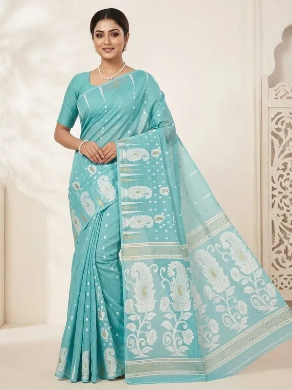 Sindhuja_Fashion_House_Woven,_Paisley,_Floral_Print_Jamdani_Cotton_Blend_Saree_(Light_Blue)