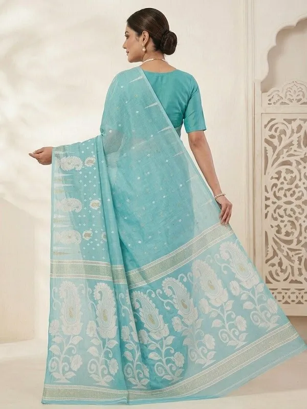 Sindhuja_Fashion_House_Woven,_Paisley,_Floral_Print_Jamdani_Cotton_Blend_Saree_(Light_Blue)