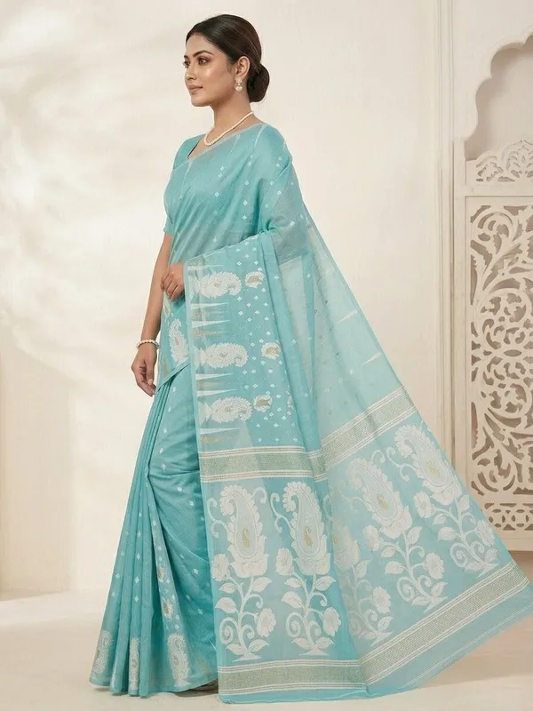 Sindhuja_Fashion_House_Woven,_Paisley,_Floral_Print_Jamdani_Cotton_Blend_Saree_(Light_Blue)