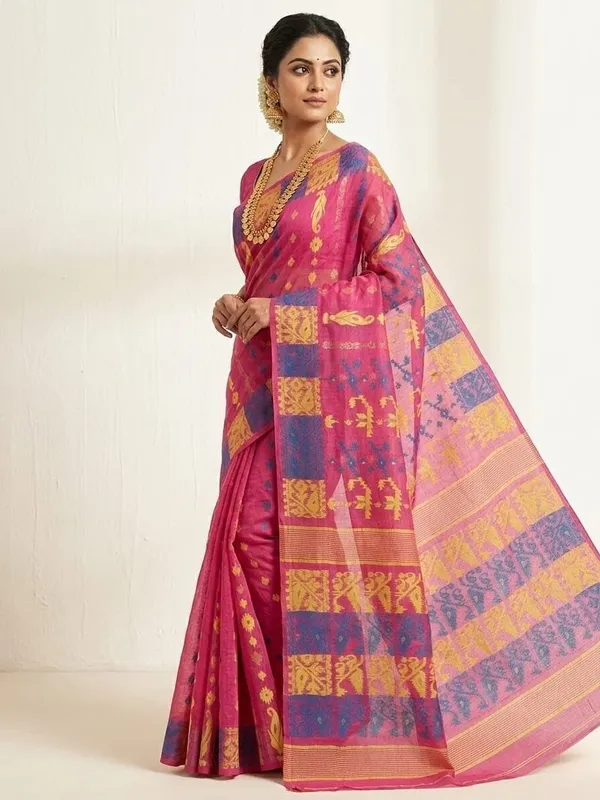 Sindhuja_Fashion_House_Woven_Jamdani_Cotton_Blend_Saree_(Pink)