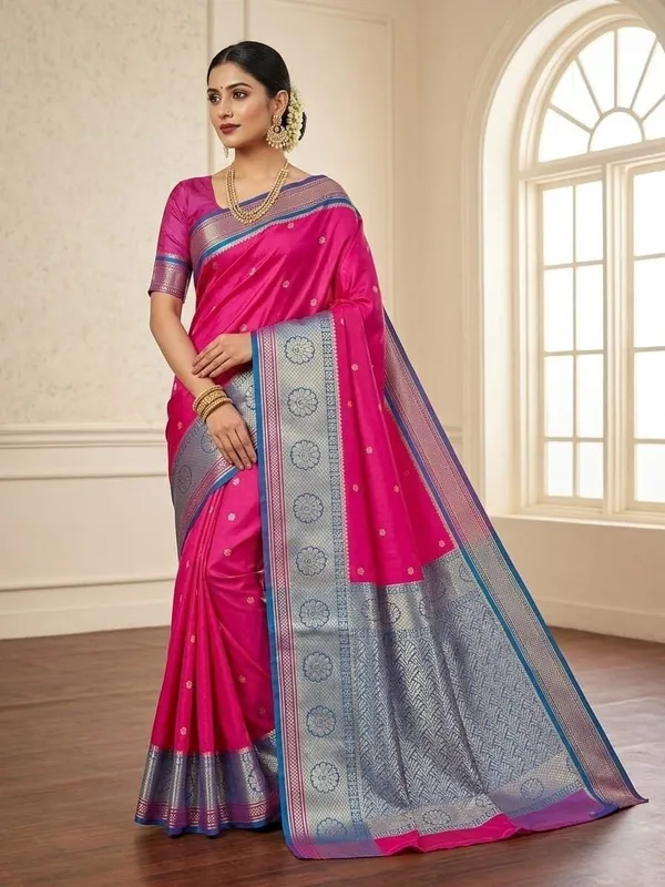Sindhuja_Fashion_House_Floral_Print,_Woven_Banarasi_Pure_Silk,_Silk_Blend_Saree_(Pink,_Blue)