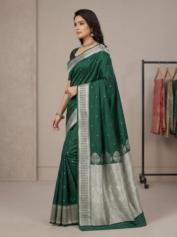 Sindhuja_Fashion_House_Woven_Banarasi_Pure_Silk,_Silk_Blend_Saree_(Dark_Green,_Silver)