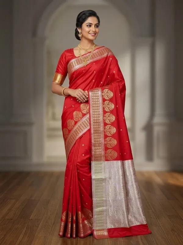 Sindhuja_Fashion_House_Woven,_Geometric_Print,_Floral_Print_Banarasi_Silk_Blend,_Pure_Silk_Saree_(Red,_White)