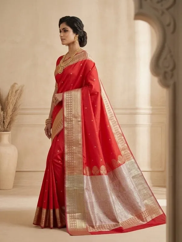Sindhuja_Fashion_House_Woven,_Geometric_Print,_Floral_Print_Banarasi_Silk_Blend,_Pure_Silk_Saree_(Red,_White)