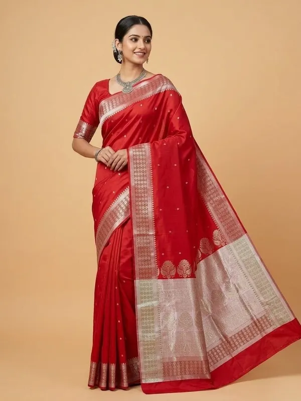 Sindhuja_Fashion_House_Woven,_Geometric_Print,_Floral_Print_Banarasi_Silk_Blend,_Pure_Silk_Saree_(Red,_White)