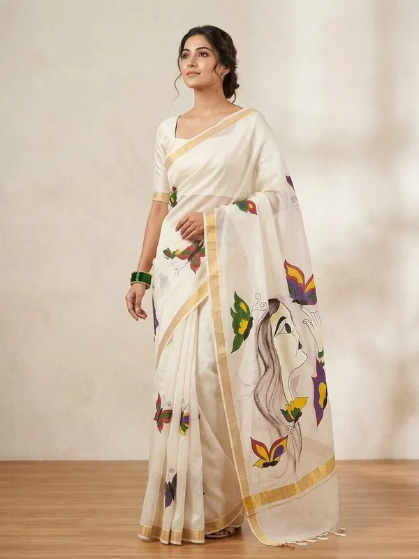 Sindhuja_Fashion_House_Hand_Painted,_Floral_Print_Kasavu_Pure_Cotton_Saree_(Multicolor)