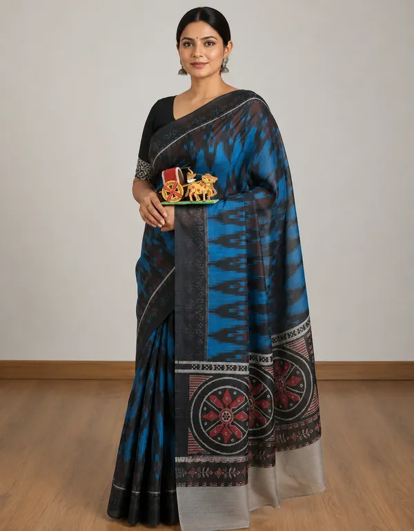 Blue_Cotton_Blend_Ikkat_Printed_Sambalpuri_Saree_For_Women