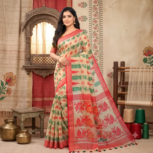 Beige_Red_Pure_Cotton_Dhakai_Jamdani_Handloom_Woven_Saree_For_Women