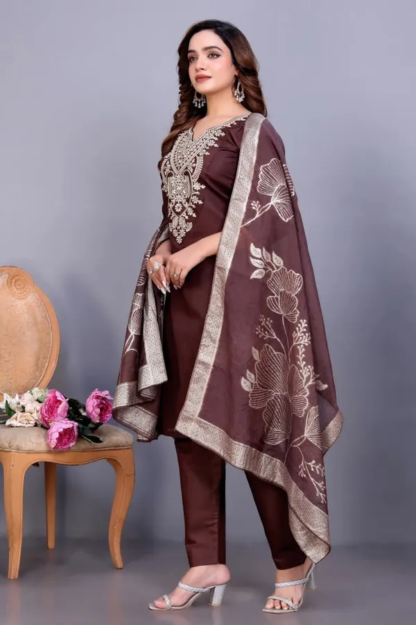 Brown_Rayon_Slub_Straight_Embroidered_Suit_Set_For_Women