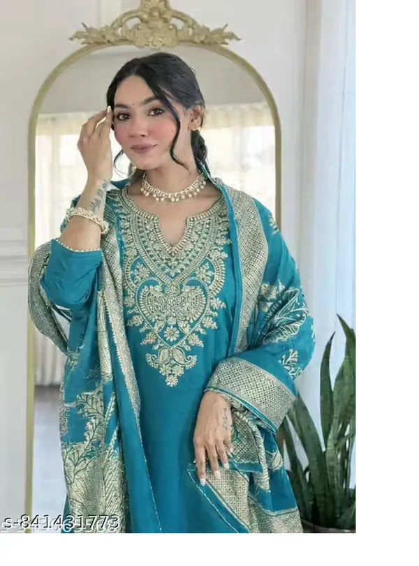 Teal_Rayon_Slub_Straight_Embroidered_Suit_Set_For_Women
