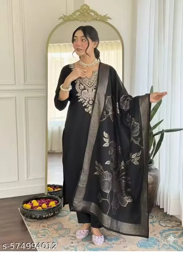 Black_Rayon_Slub_Embroidered_Suit_Set_For_Women