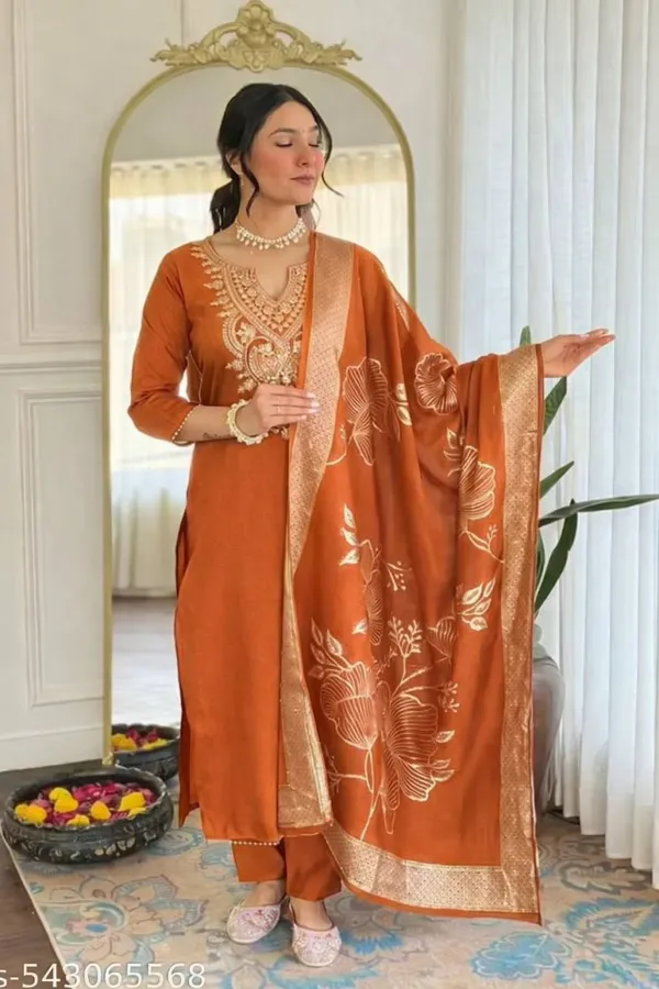 Orange_Rayon_Slub_Straight_Suit_Set_For_Women