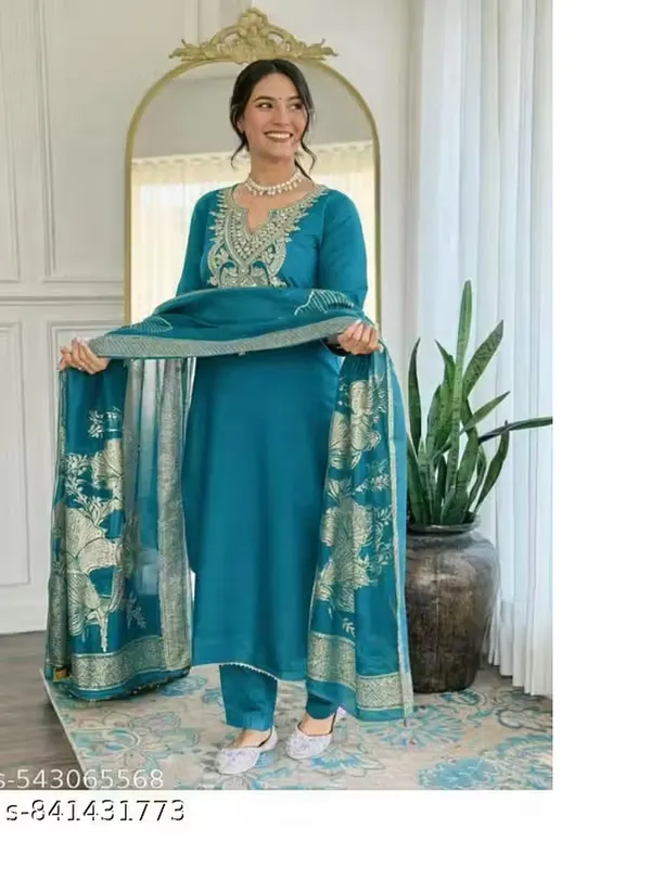 Teal_Rayon_Slub_Straight_Embroidered_Suit_Set_For_Women