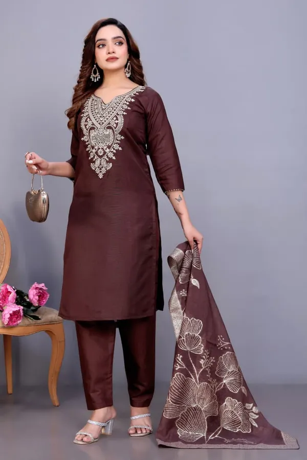 Brown_Rayon_Slub_Straight_Embroidered_Suit_Set_For_Women