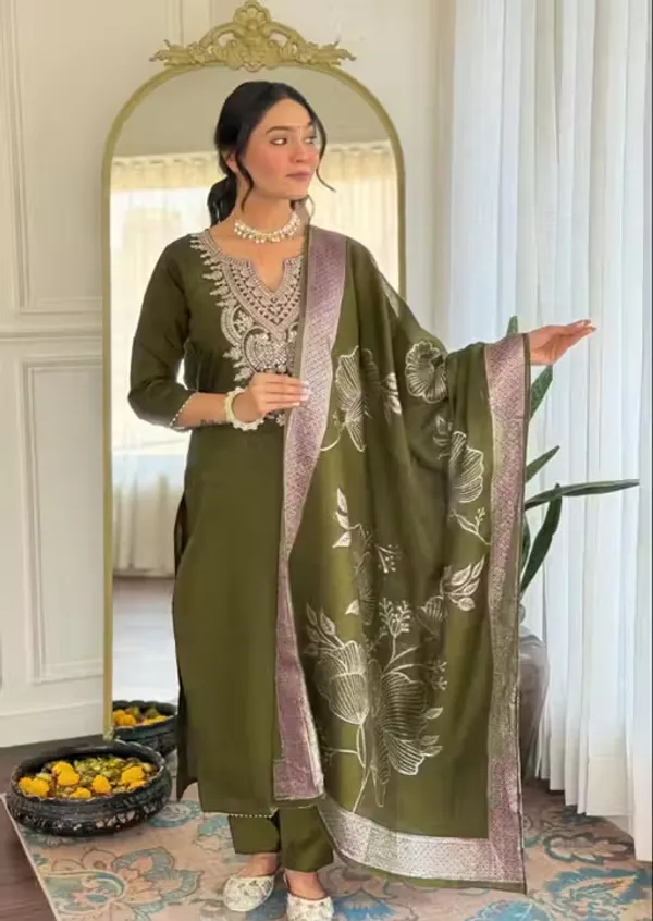 Olive_Green_Rayon_Slub_Embroidered_Straight_Kurta_Set_For_Women