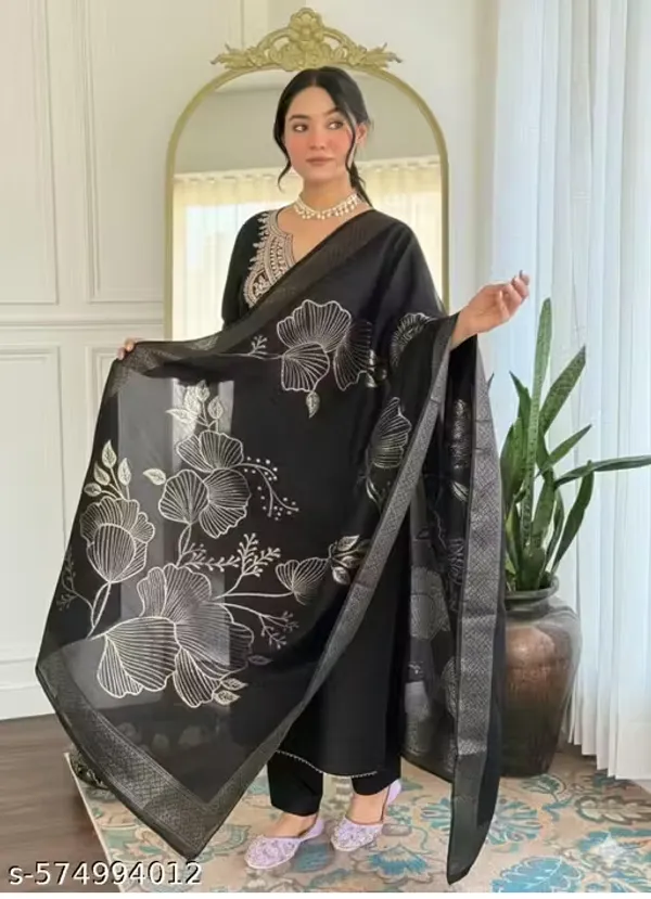 Black_Rayon_Slub_Embroidered_Suit_Set_For_Women