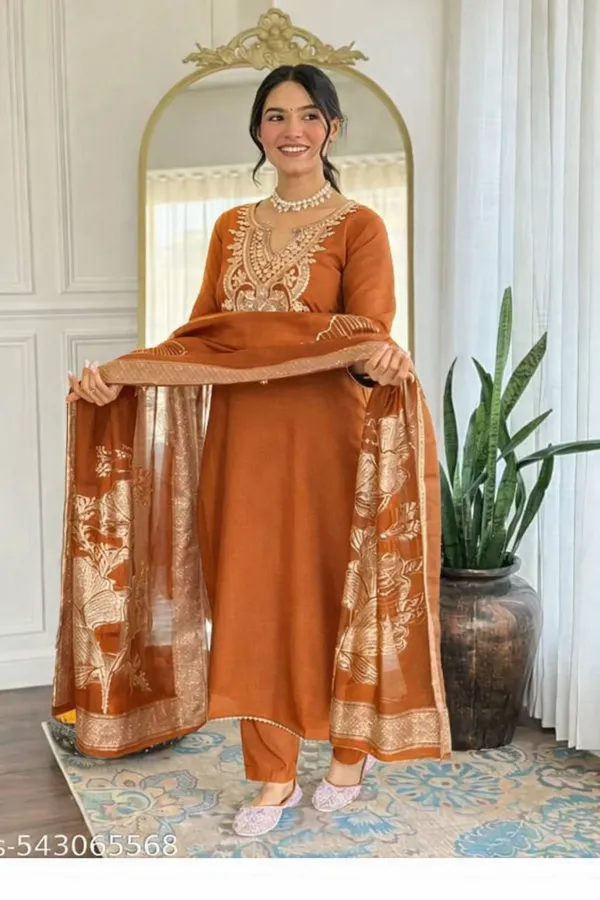Orange_Rayon_Slub_Straight_Suit_Set_For_Women