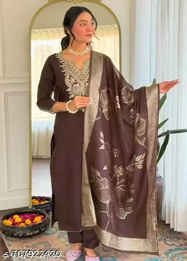 Brown_Rayon_Slub_Straight_Embroidered_Suit_Set_For_Women